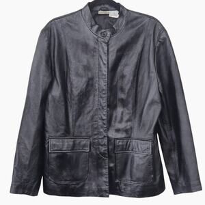 Newport News Women’s Leather Jacket L Retro Minimalist Genuine Black Button Down